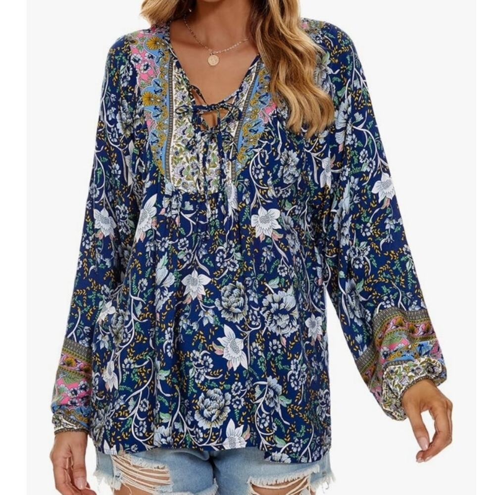 Vogebund Bohemian Floral Flowy Peasant Boho Self-Tie V Neck Blouse Size Medium